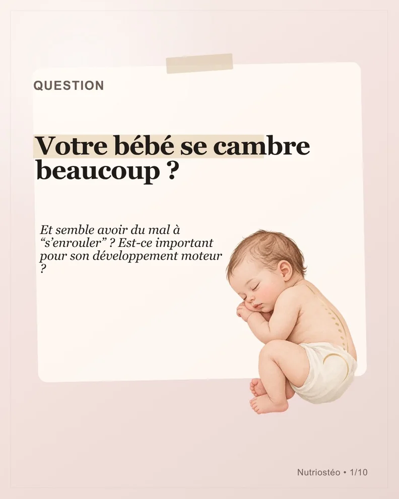 Carrousel NutriOstéo : un bébé illustré en position regroupée et la question « Votre bébé se cambre beaucoup ? »