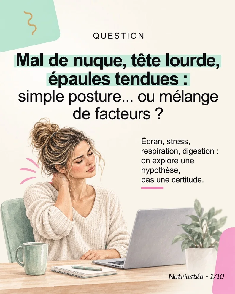 Illustration NutriOstéo d’une femme touchant sa nuque devant un ordinateur, avec une question sur les facteurs de douleur